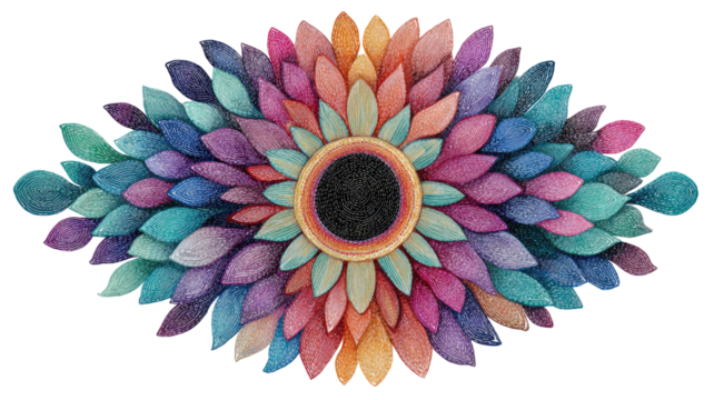 A colorful sun drawing with a circular center and teardrop shaped rays perfect for cheerful artwork on white background