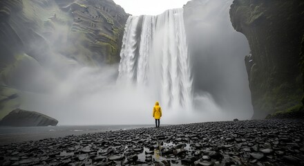 Person in yellow raincoat stands before majestic Skogafoss waterfall in Iceland
