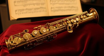 Obraz premium Soprano Saxophone Resting on Red Velvet with Sheet Music.