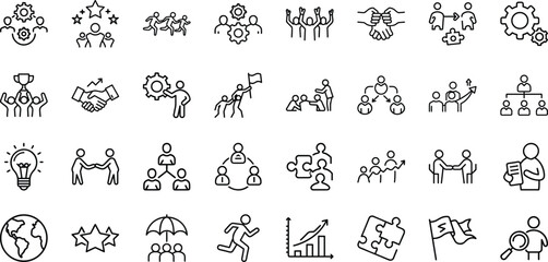 Fototapeta premium Teamwork and collaboration line icon set representing business success concepts vector