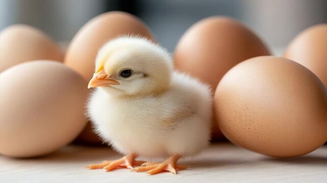 Baby chick hatches from egg and explores its surroundings