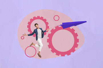 3d pop image zine art collage of happy businesswoman businessman run gearwheel paper plane target development career promoting