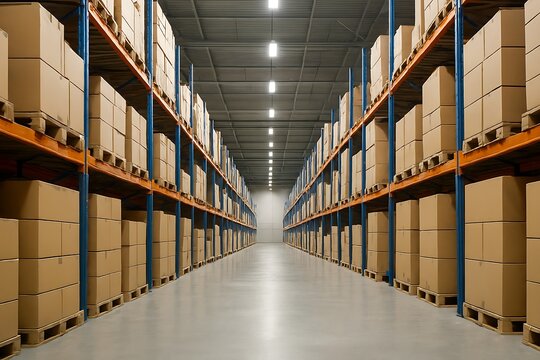 Photorealistic wide-angle shot of a vast, modern distribution warehouse interior. Neatly arranged stacks of uniform cardboard boxes and shipping containers on tall, organized metal shelving.