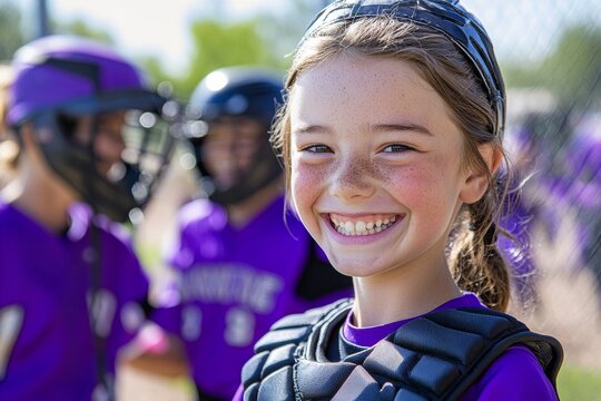 Smiling young caucasian girl in protective gear at youth baseball game