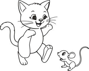 Playful cartoon cat chasing a tiny mouse with glee, a charming illustration of classic animal antics, perfect for children's books and whimsical designs, ready to capture hearts