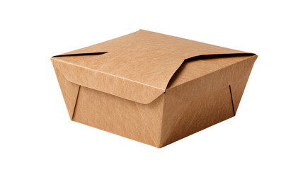 A closed square tan-colored board style takeout food box showing eco friendly packaging container on white background

