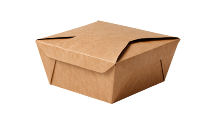 A closed square tan-colored board style takeout food box showing eco friendly packaging container on white background
