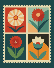 A vintage floral postage stamp design with four different flower illustrations in square frames