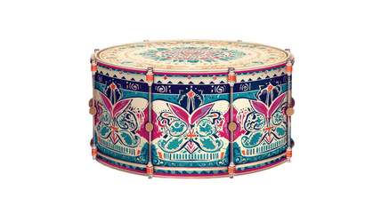 A drum with ornate colorful tribal patterns showing traditional ethnic musical instrument and cultural art on white background