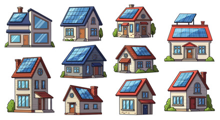 Collection of Cartoon Houses with Solar Panels on Roofs Sustainable Homes.