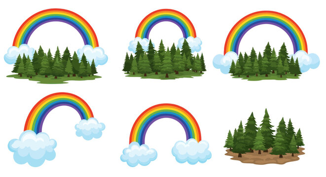 A set of colorful rainbow illustrations with clouds and pine tree forests.
