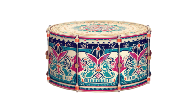 A drum with ornate colorful tribal patterns showing traditional ethnic musical instrument and cultural art on white background