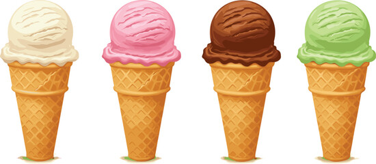 Realistic ice cream cones with vanilla, strawberry, chocolate, and mint flavors illustration perfect for summer dessert vector food design