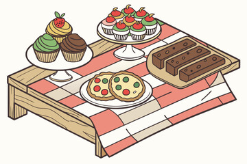 Celebrate with cupcakes, brownies, and cookies beautifully displayed on a charming picnic table, perfect for invitations, party decorations, and delicious desserts