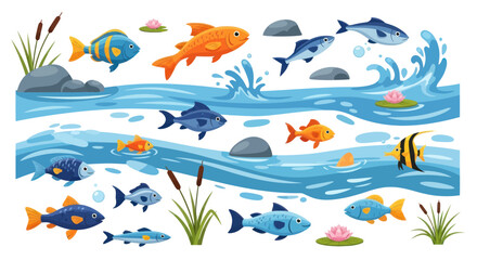 Diverse School of Colorful Fish Swimming in Blue Water with Reeds and Rocks.