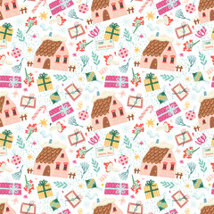 Christmas pink cottage seamless pattern with gifts, candy cane and ornaments for wallpaper