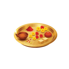 Traditional Deepavali Diwali Puja Thali with Lit Diya, Kumkum, Marigold Flowers, and Indian Sweets for Auspicious Festival Celebration