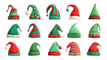 Christmas festival hats with fluffy white edges and red fabric showing cheerful holiday celebration accessories on white background