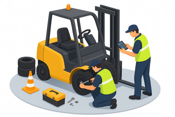 Technicians Repairing Forklift Truck with Tools and Tablet Vector Illustration