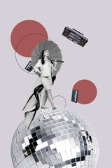 3d pop image vertical art collage of happy girl guy dance retro weekend occasion disco ball boombox tape cassette chill vibe