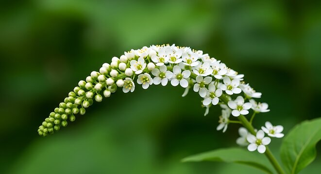 American Pokeweed Flowers and Buds on Green Background.