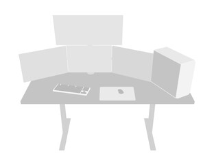 A sleek gaming computer setup with monitors, keyboard, and mouse arranged on an office desk in a striking black and white silhouette.