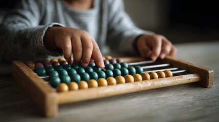 A child s hands actively engage with a colorful wooden abacus symbolizing early learning and mathematical explo n