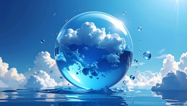 A fantastical scene. A glassy orb with a fluffy cloudscape contained within, resting on a water surface with a bright, blue sky above