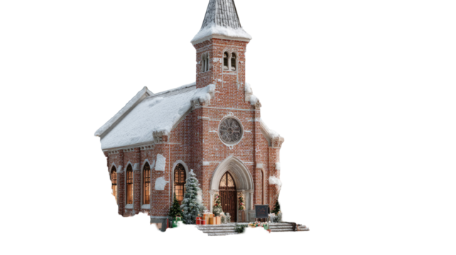 Snowy Christmas house decorated with lights trees and winter ornaments creating festive holiday atmosphere on white background
