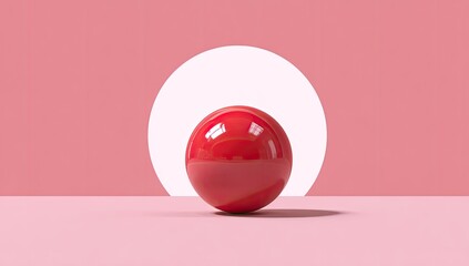A glossy red sphere rests on a pink surface, centered within a white circular cutout against a pink backdrop.  The scene is minimalist and digitally rendered