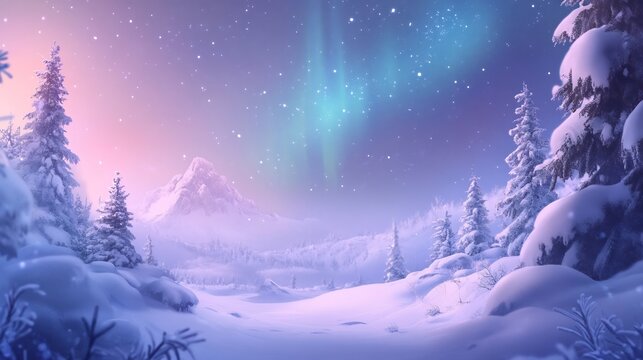 Nighttime winter wonderland with a star filled sky snow covered landscape and the soft glow of the northern lights illuminating the scene adding a touch of magic to the snowy night