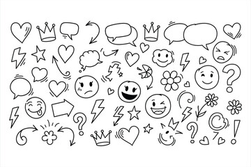 Hand drawn doodle icons hearts stars lightning bolts speech bubbles crowns and smiley faces vector