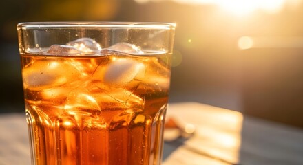 Glass of iced tea or amber colored drink with ice cubes in golden hour sunlight. Refreshing summer beverage concept for hot weather.