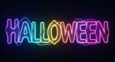 Glowing Halloween text with colorful vibrant dots. Digital particle animation of Halloween word for holiday event.