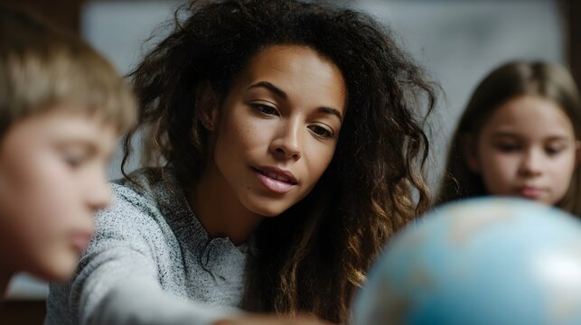 A focused teacher with two attentive young students examines a colorful globe sparking curiosity and a passion for global learning in an educational