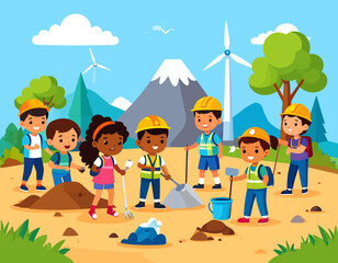 Children learning disaster preparedness vector illustration.Flat vector illustration of diverse children in classroom being taught about disaster safety and emergency plans for International Day for D