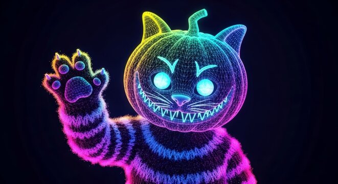 Cute pumpkin cat character made of a neon wireframe with bright glowing eyes. Creative Halloween and spooky season design. - Powered by Adobe