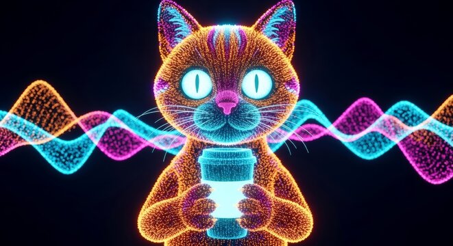 Digital cat character made of glowing particles holding a coffee cup. Futuristic creature for crypto art and nft projects. Artificial intelligence generated design. - Powered by Adobe