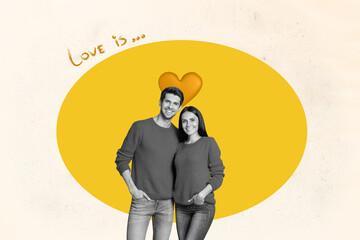 Composite image art photo collage of two happy girl guy celebrate valentine day heart postcard...