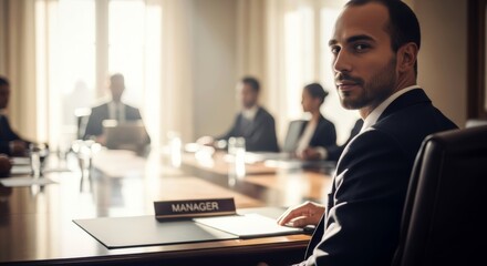 Man manager with office conference nameplate at business meeting looking at camera. Corporate professional in boardroom for team collaboration or event.