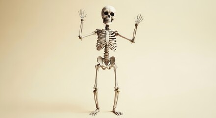 Human skeleton with arms raised on a plain background for medical education, anatomy study, or Halloween theme.