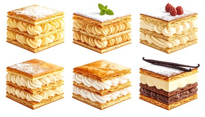 A collection of six delectable pastries, each showcasing layers of flaky crust and creamy filling, elegantly decorated