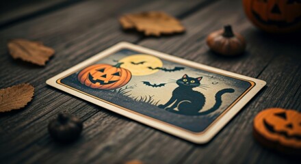 Halloween themed card featuring a black cat, jack-o-lantern, bats, and full moon on wooden surface for autumn holiday season.