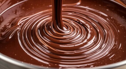 Melted chocolate flowing into a delicious swirl. Thick hot cocoa mixture for dessert, baking, and confectionery. Food background for sweet treats.