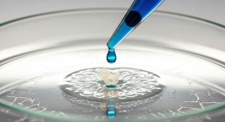 Blue liquid drop from pipette into clear petri dish with white substance. Scientific experiment and research concept in a laboratory setting.