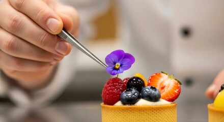 Chef hand decorating berry tartlet with edible flower using tweezers. Fine dining dessert plating and culinary art concept for baking.