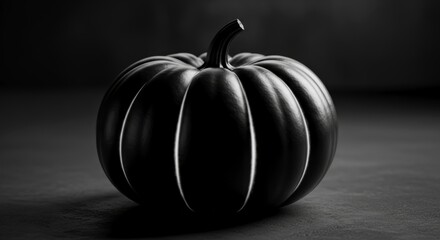 Black pumpkin on dark background with dramatic lighting. Halloween season decoration with spooky, mysterious mood. Autumn holiday symbol backdrop.