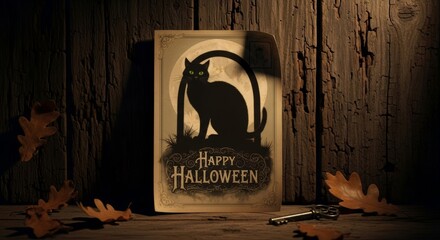 Happy Halloween greeting card featuring a black cat with green eyes and a full moon, with autumn leaves on a wooden background. Spooky season concept.