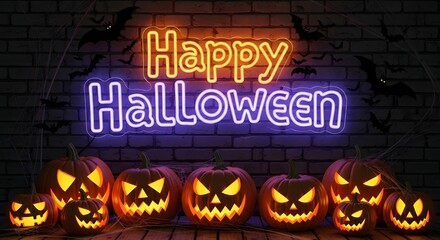 Happy Halloween Neon Lights, Jack-O-Lanterns, and Spooky Bats Illustration