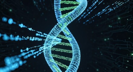 A DNA double helix with binary code strands, set against a dark background with a circuit board pattern.